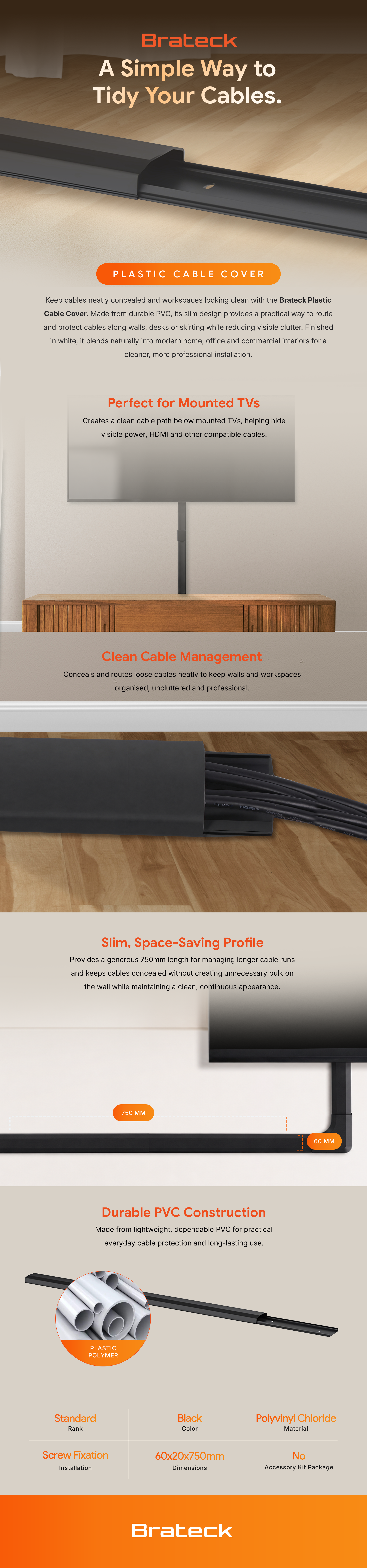 Brateck Plastic Cable Cover - 750mm Material: Polyvinyl Chloride(PVC) Dimensions 60x20x750mm - Black feature highlights