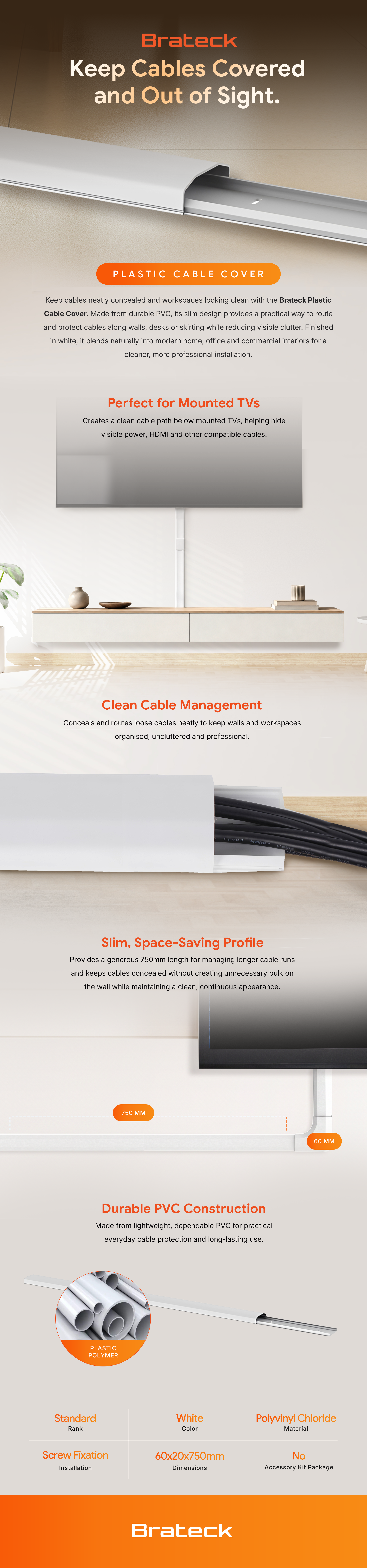 Brateck Plastic Cable Cover - 750mm Material: Polyvinyl Chloride(PVC) Dimensions 60x20x750mm - White feature highlights
