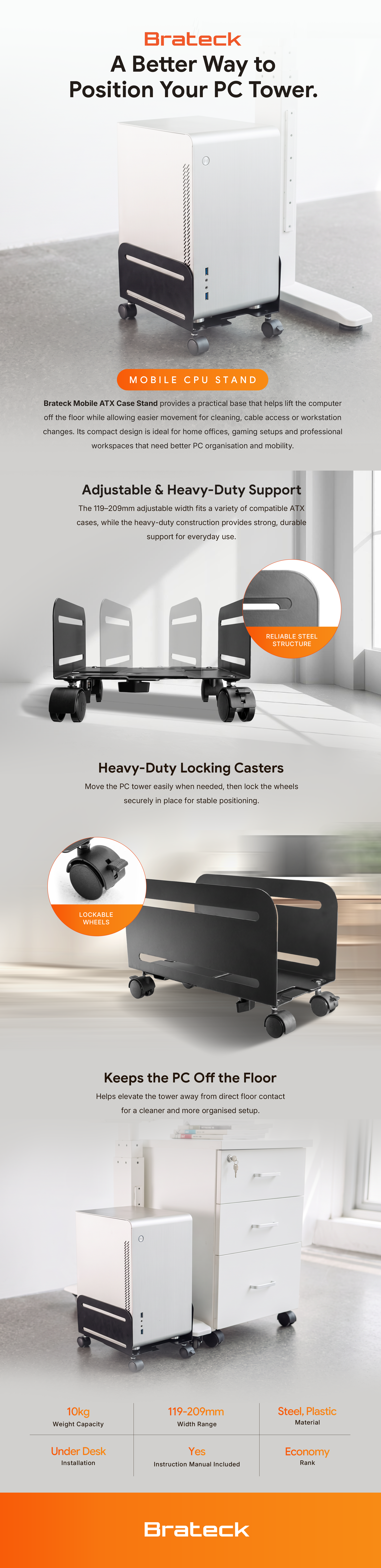 Brateck Mobile ATX Case Stand, For most ATX cases, up to 10kg, 119-209mm feature highlights
