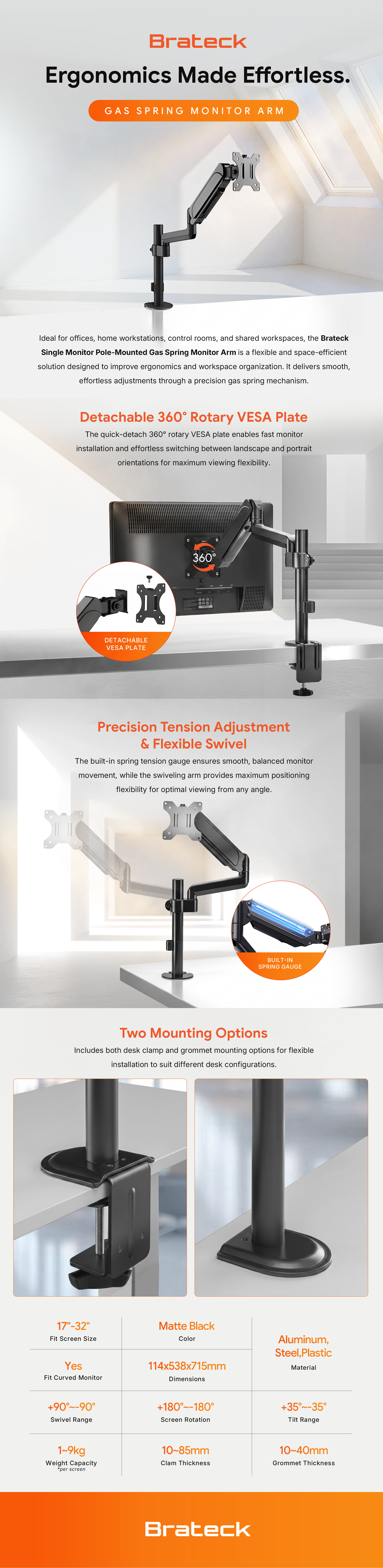 Brateck Single Monitor Pole-Mounted Gas Spring Monitor Arm Fit Most 17" - 32" Monitor Up to 9Kg Per screen VESA 75x75/100x100 feature highlights