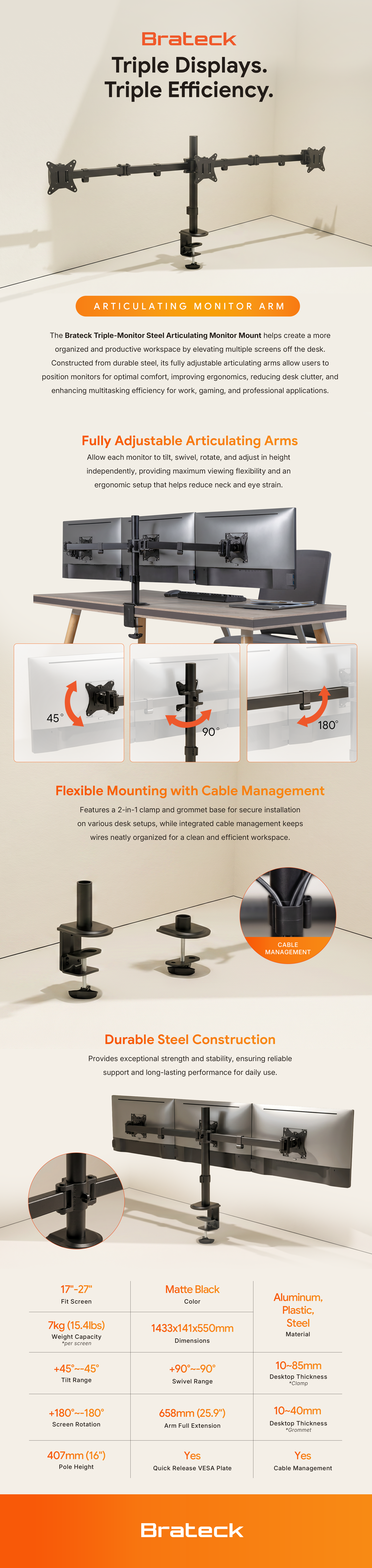 Brateck Triple-Monitor Steel Articulating Monitor Mount Fit Most 17"-27" Monitor Weight Capacity (per screen):7kg, VESA: 75x75,100x100(Black) feature highlights