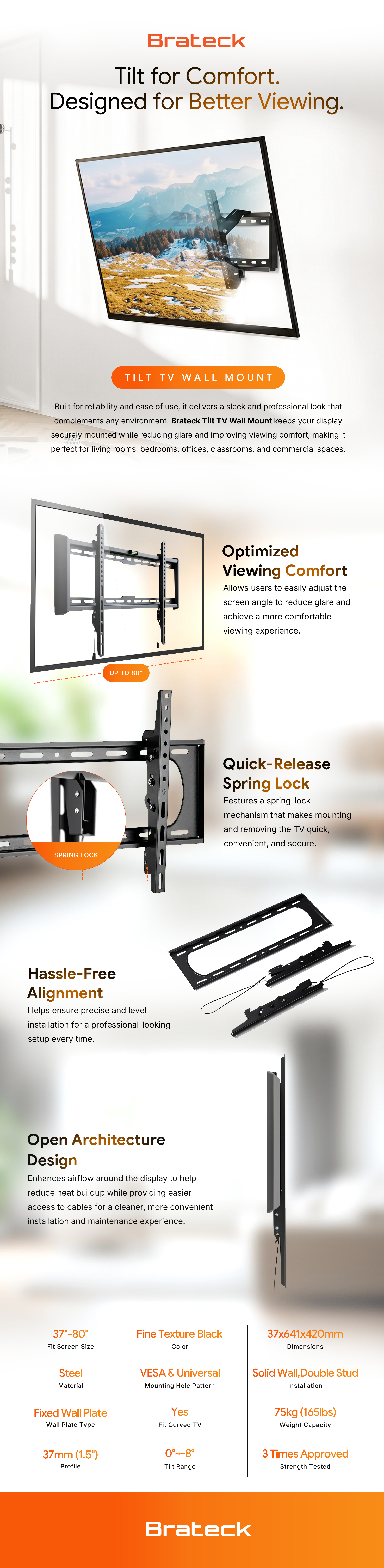 BrateckTilt TV Wall Mount For 37"-80" up to 75KG, VESA Compatible: 150x100,200x100,150x150,200x200,300x200,200x400,600x300,600x400 Black feature highlights
