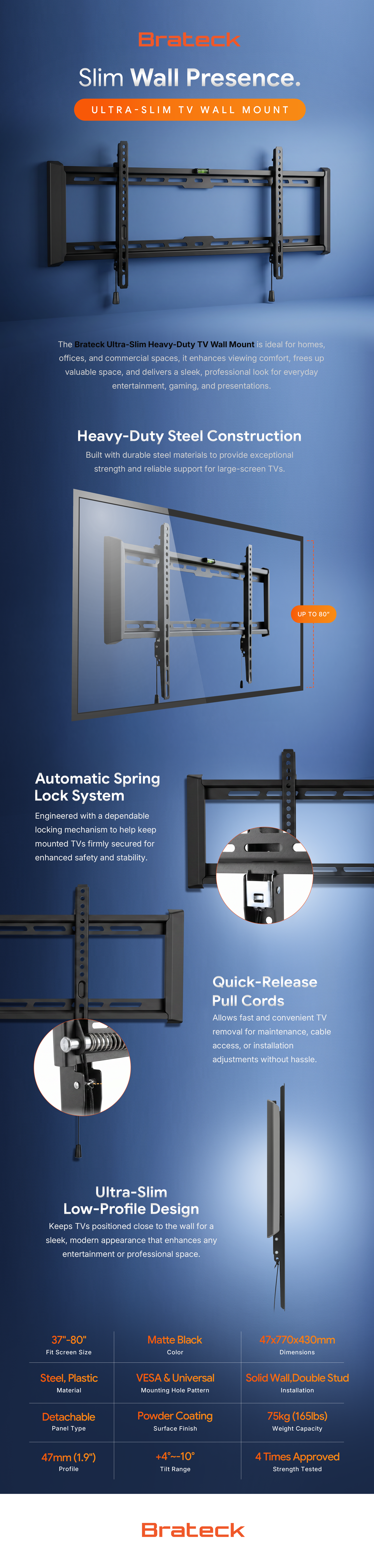 BrateckUltra-Slim and Heavy-Duty TV Wall Mount For 37"-80" up to 75KG, VESA 200x200,300x200,400x200,300x300,400x300,400x400,600x400 Black feature highlights