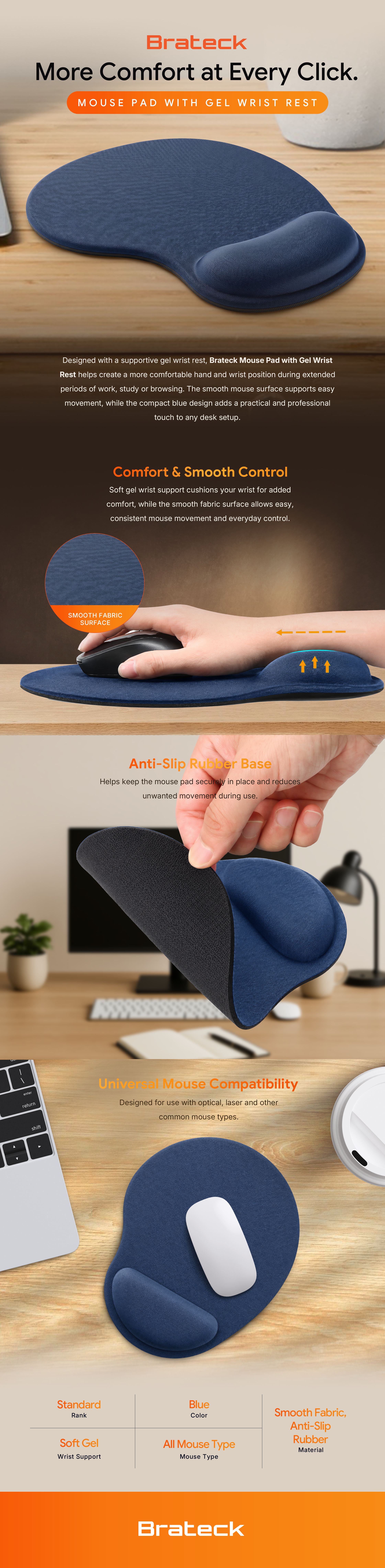 Brateck Mouse Pad with Gel Wrist Rest Black feature highlights