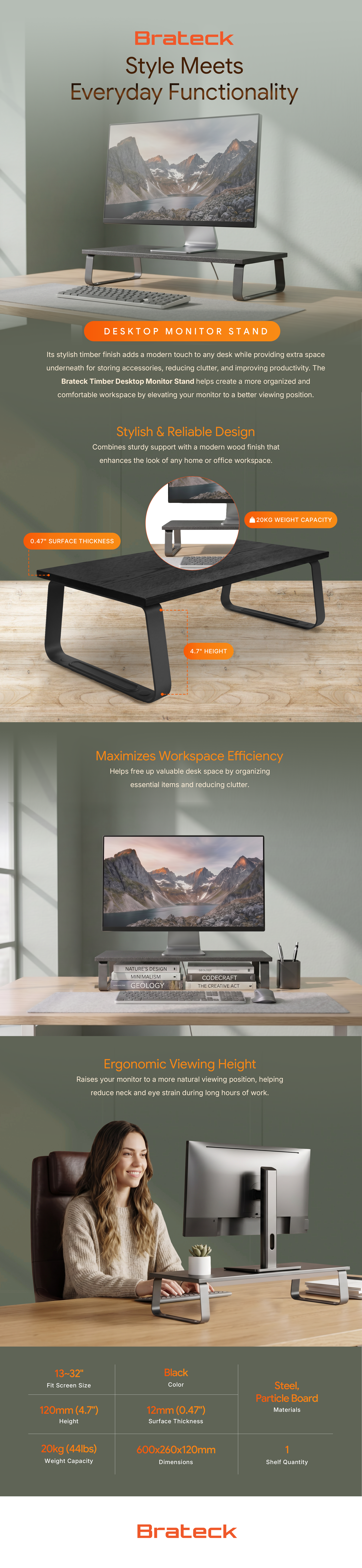 Brateck Timber Desktop Monitor Stand (600x260x120mm) Fit Screen Size 13"-32" Weight Capacity Up to 20kg- Black feature highlights