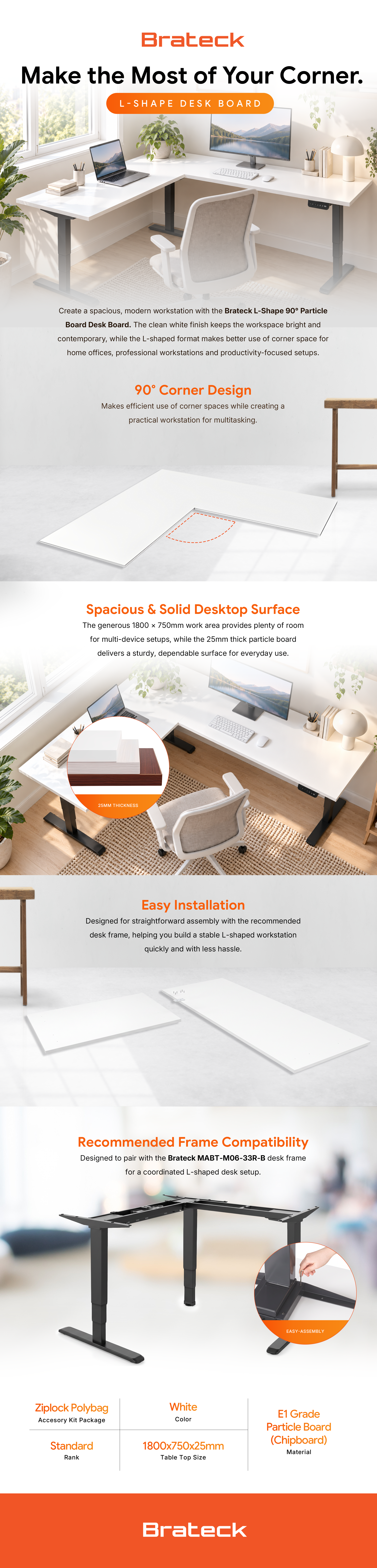 Brateck L-Shape(90°) Particle Board Desk Board White, 1800x750x25mm, Recommended desk frame: MABT-M06-33R-B feature highlights