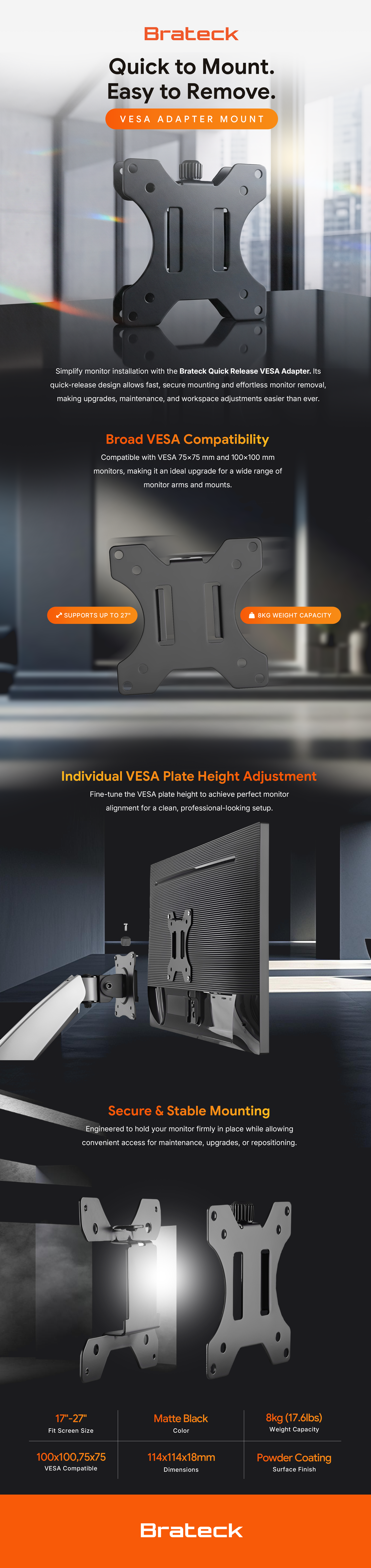 Brateck Quick Release VESA Adapter Mount your VESA Monitor with Ease VESA75X75/100X100, 114x114x18mm feature highlights